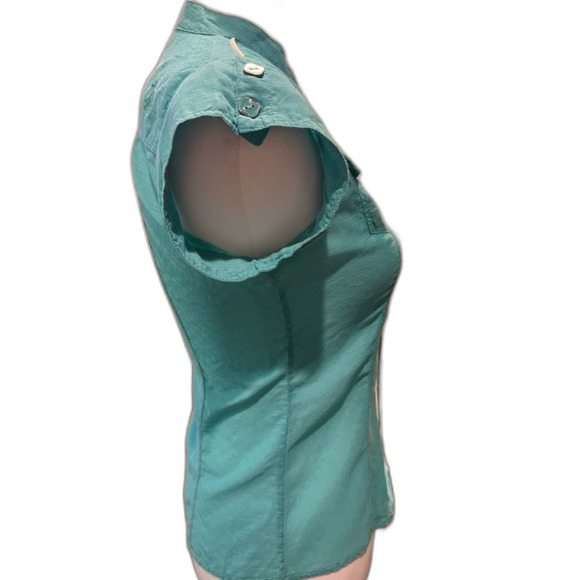 Diesel Y2K Textured Button Front Blouse XXS Green Cap Sleeve Contrast Trim 00s - Picture 4 of 11